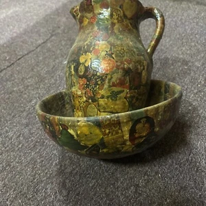 Stoneware water Pitcher With Bowl Paper Mache On Outside Of Them - Picture 1 of 10