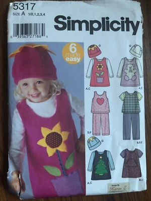 Simplicity 5317 UNCUT Toddlers Size 1/2 1 2 3 4 Jumper Top Pants Hat Pattern - Image 1 of 3