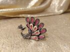Vintage 70s Peacock Ring Costume Jewelry Adjustable Pink & Silver Tones 