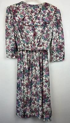 复古花卉连衣裙聚酯纤维 8-10 码腰带 Cottagecore 3/4 袖 80 年代领读 — 第 1/4 张图片