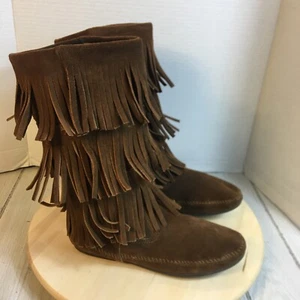 Minnetonka Moccasin Boots 3 Layer Fringe Brown Suede Womens Size 9  Western - Picture 1 of 10