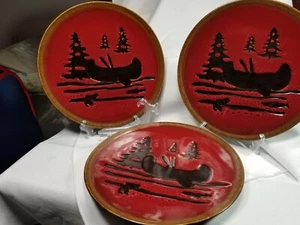 Three Home Studio Woodland Pattern Canoe 9" Plates Rustic Design - Picture 1 of 4