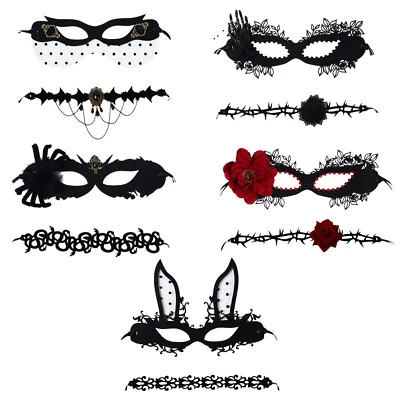 2Pcs Women Sexy Black Rose Lace Masquerade Mask Choker Collar Party Ball Costume - Image 1 of 4