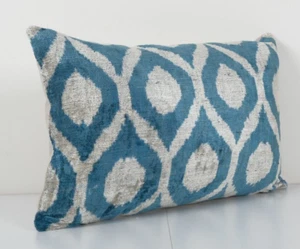 Ikat Lumbar Pillow, Sky Blue Silk Velvet Pillow Cover, Polka Dot Ikat Cushion - Picture 1 of 4