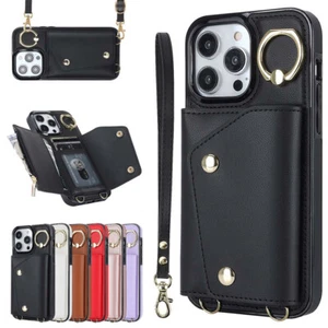 For Apple iPhone 15 Pro Crossbody Wallet Leather Phone Case Cover Ring Kickstand - Picture 1 of 77