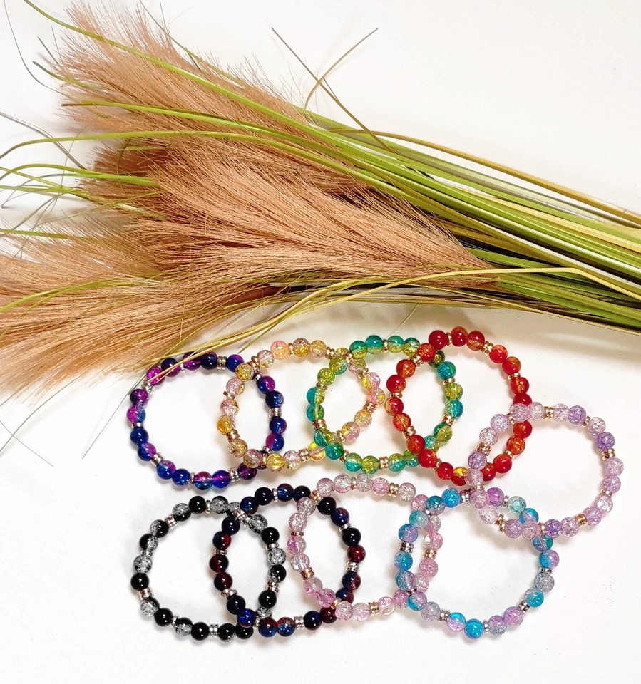 16-17cm Farbiges Crackle Glasperlen Armband Ø8 mm Perlenarmband Boho  - Bild 1 von 1