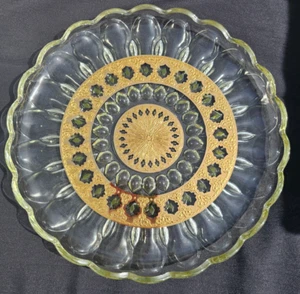 Vintage Culver Valencia Tray 10" Crystal 22k Gold W/ Green Diamond - Picture 1 of 3