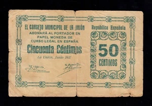 F.C. LA UNIÓN (MURCIA) , 50 CENTIMOS 1937 , B/C , ROTO Y SUCIO . - Imagen 1 de 2