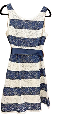 Mujer Vestido Azul 12 Cinturón Encaje Azul Marino Blanco Rayas Jardín ParRobbie Bee Ty Foto 1 de 4