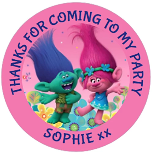 48 Personalised TROLLS Party Bag Stickers Sweet Bag Seals Cone Labels 40mm