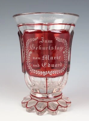 19thC. Bohemian German Engraved 3 Panel Beaker Twins Birthday Antique Ruby Glass - Image 1 of 4
