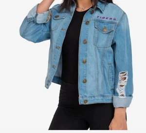 LSU Tigers Jean Jacket Women's Size M Eye Of Tiger Denim Distressed Blue Pockets - Picture 1 of 11
