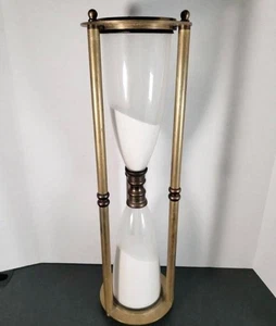 25" Tall Brass & Glass Hourglass White Sand Timer Vintage Decor Decorative - Picture 1 of 6