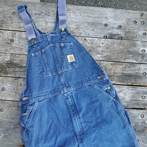 Carhartt Denim Blue Jean Bib Overalls 38x34 Jeans Vintage Faded Blue Workwear - Picture 1 of 8