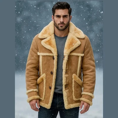 REAL 100% SHEEPSKIN LEATHER Faux Shearling FUR MARLBORO TRENCH Coat Mens Jacket - Image 1 of 3