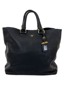 PRADA Leather Tote Bag Black Large Handbag Shoulder Style Logo Plate USED 1125A - Picture 1 of 9