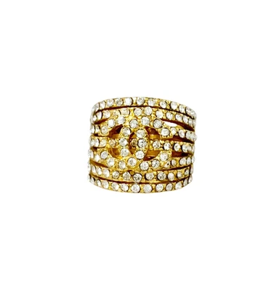 Anillo Chanel CC Logo Estrás Banda Talla US6.5 Tono Dorado Auténtico con Caja #1326 Foto 1 de 4