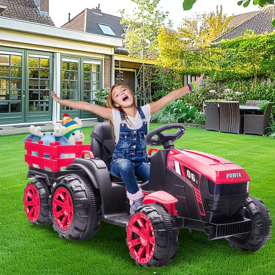 Tractor eléctrico de paseo GARVEE 12V para niños - luces LED, música, remolque, rojo Foto 1 de 4