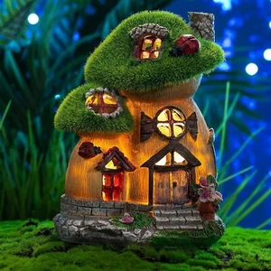 Solar Mushroom House Statue Miniature Fairy Garden Sculpture Outdoor Yard Decor - Picture 1 of 6