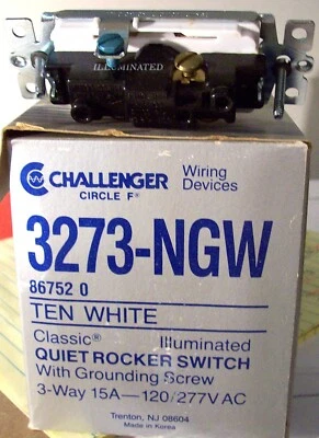 Interruptor silencioso basculante iluminado Challenger Decora 3 vías BLANCO 15A/120V NOS Foto 1 de 4