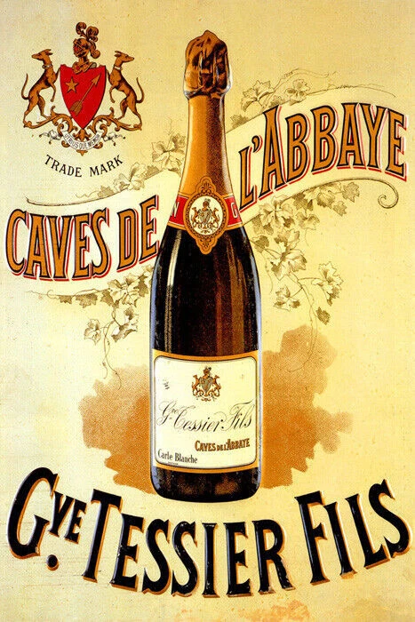 CAVES DE L' ABBAYE GYE TESSIER FILS BOTTLE CHAMPAGNE FRENCH VINTAGE POSTER REPRO - Image 1 of 3