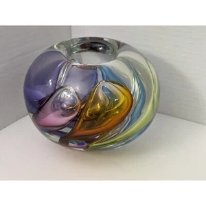 Vaso squat policromatico arcobaleno Leon Applebaum 1984 vetro artistico pesante - Foto 1 di 9