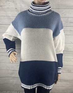 Marsh Landing Turtleneck Sweater Medium Blue White Wide Stripe Vintage 80s 90s - Picture 1 of 12
