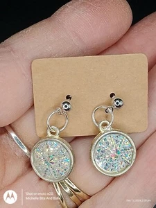 Silver Tone Dangle/Drop Double Bezel Earrings With Iridescent Glittery Cabochons - Picture 1 of 2