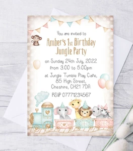 6 invitaciones y sobres de cumpleaños de tren de safari para bebés animales de la selva - Imagen 1 de 3