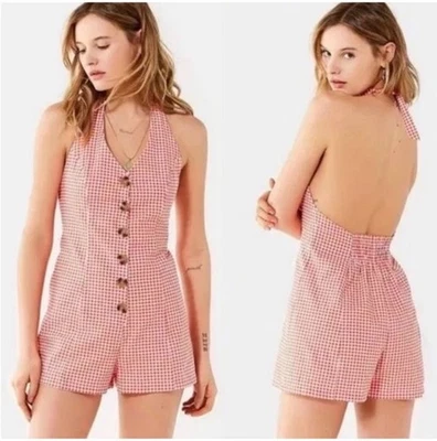 Urban Outfitters Mujeres M Rojo Picnic Guinga Botón Halter Mameluco Cottage Core Foto 1 de 4