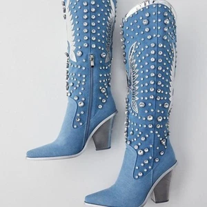 Womens Pointed Toe Knee High Boots High Heel Western Cowboy Rhinestone Riding sz - Picture 1 of 19