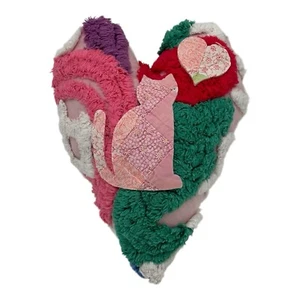 NEW Handmade Chenille Heart Pillow Vintage Chenille Kitty Cat & Heart  Valentine - Picture 1 of 8