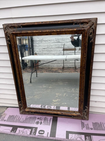 Beautiful Large Vintage 51” Ornate Gold Bronze Wood Beveled Hanging Wall Mirror Cover