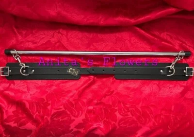 ANITA'S FLOWERS 61cm/ 24 Inch Steel Spreader Bar Black Real Leather Ankle Cuffs Included