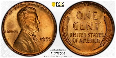 PCGS MS67 RD 1955 Lincoln Wheat Cent Red - Image 1 of 3