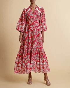 byTiMo Womens Broderie Anglaise Shirt Dress Size 12 Red Maxi - Picture 1 of 5