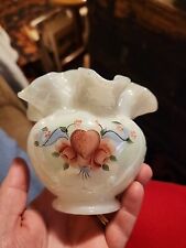 Vtg Fenton Glass White Opalescent Rose Bowl Vase -Hand Painted Heart, Signed