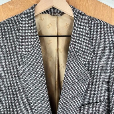 Chaqueta de tweed vintage para hombre 44L marrón ojo de pájaro 2 botones años 70 80 lana Bill Blass Foto 1 de 4
