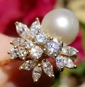 2Ct Round Cut Lab Created Diamond Pearl Engagement Rings 14k Yellow Gold Plated - Picture 1 of 8