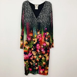 Fuzzi Midi Sheath Dress Size 18 Long Sleeve V-Neck Lined Abstract Floral Stretch - Picture 1 of 8