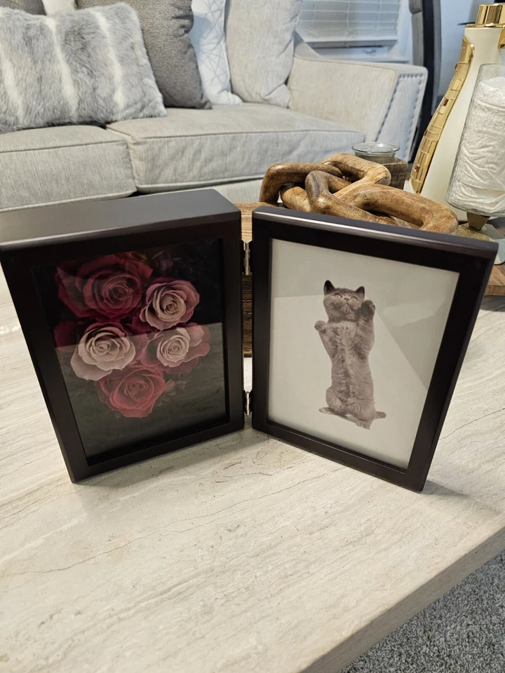 Marco de fotos doble de madera marrón con flores secas y cuadro de gato decoración del hogar" Foto 1 de 4