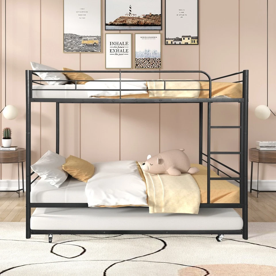 Twin Over Twin Separable Bunk Bed with Trundle - Black Steel Frame Foto 1 de 4