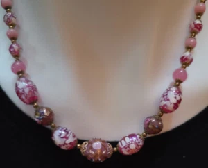 Vintage Venetian Wedding Cake Pink Opaline Murano Glass Bead Necklace 18” - Picture 1 of 6