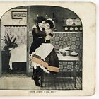 Mann küsst französisches Dienstmädchen Stereoview c1905 verheiratet Mann Geliebte Affäre Frau G955