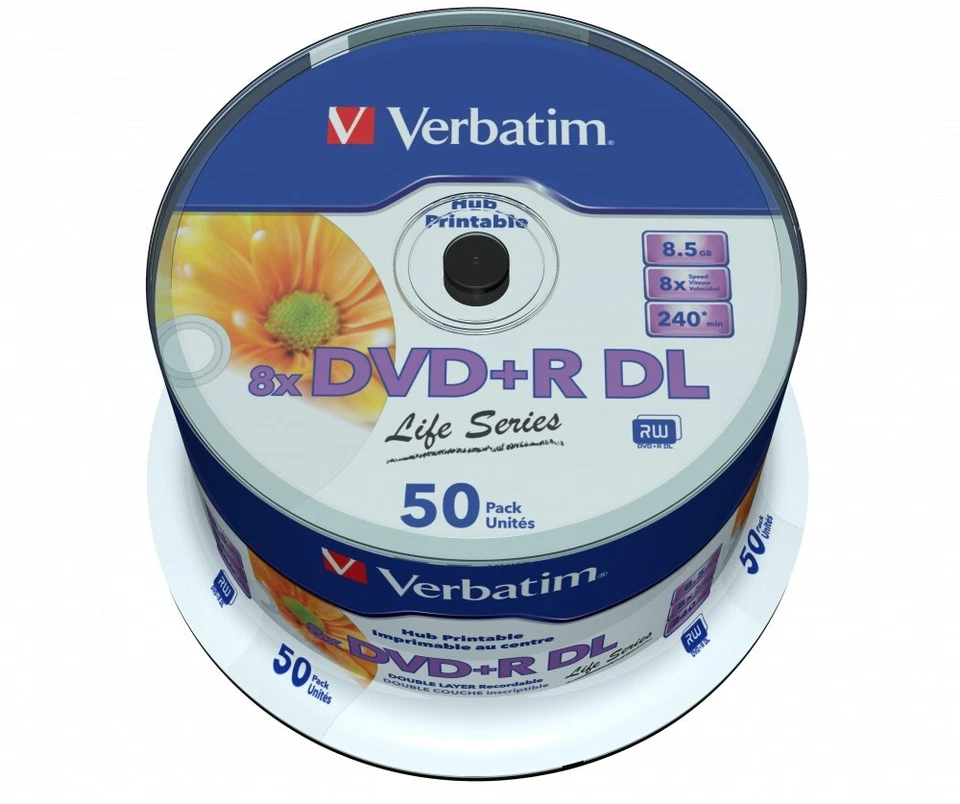 50 Verbatim Printable Dual Layer DVD+R 8x DL Double Blank Discs 8.5GB 97693 - Image 1 of 1