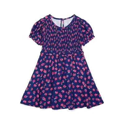 Vestido midi Wonder Nation ajustado para niñas talla 5T azul floral mangas cortas abullonadas Foto 1 de 3