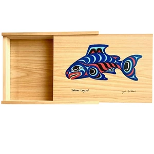 Lightweight, Wooden Box with sliding lid, Salmon Legend, signed Joe Wilson - Picture 1 of 6
