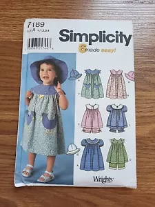 Simplicity 7189 Dress Top Bloomers and Hat Toddlers Size 1/2 - 4 Sewing Pattern - Picture 1 of 3