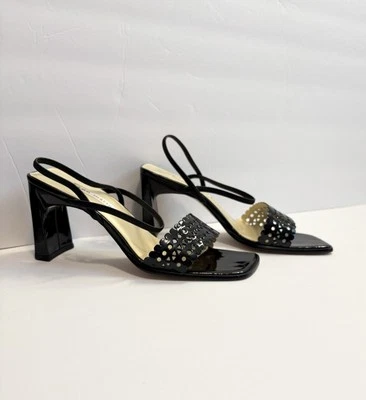 De Colección Ann Marino Tacones Negros Charol Puntera Cuadrada Tacón Bloque Tirantes Talla 8.5 Foto 1 de 4