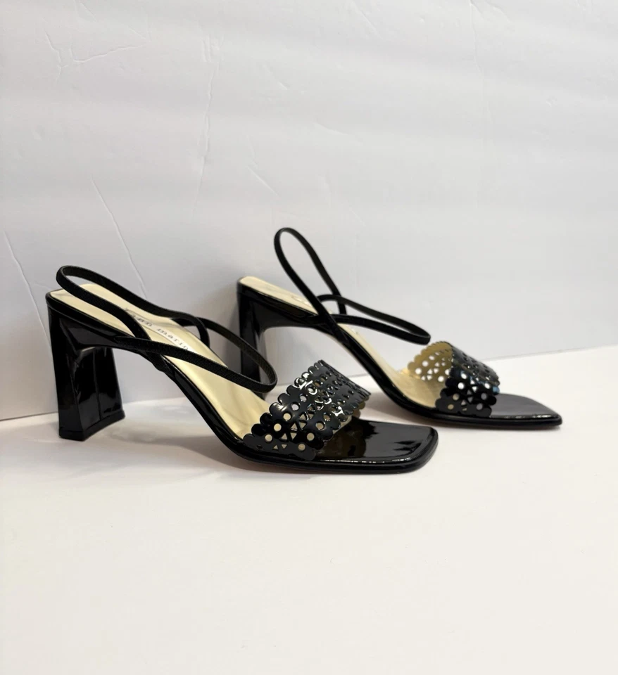 Vtg Ann Marino Patent Leather Strappy Heels Black Square Toe Block Heel Size 8.5 - Image 1 of 4